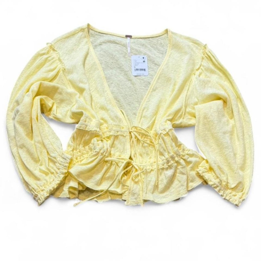 Free People Yellow Linen Blend Tie Front Top - Picture 2 of 14